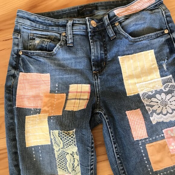 Upcycled Patchwork Jeans, W24 L28.5: Boho Hippie Pants, Spring Pastel Lace - Picture 11 of 13